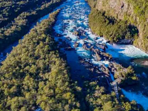 Vista aérea del río Petrohué y sus saltos rodeados de bosque nativo en la Región de Los Lagos